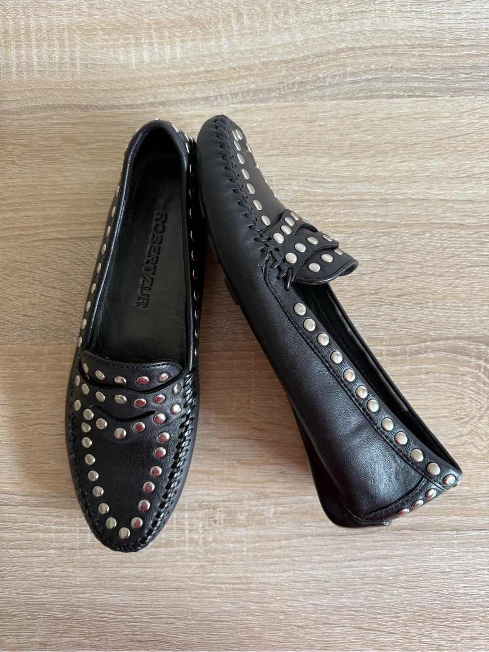 ROBERT ZUR TANGO BLACK LEATHER STUDDED DRIVING LOAFER Sz 8.5 N